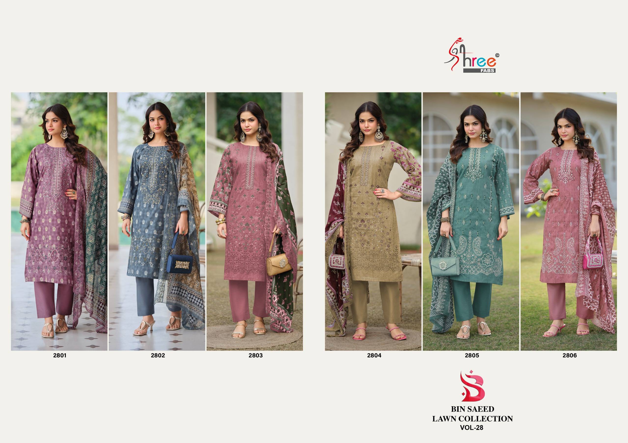 BIN SAEED LAWN COLLECTION VOL-28 by Shree fabs 2801 TO 2806 SERIES Pakistani Stylish Embroidered pure lawn cotton COLLECTION At Wholesale Price